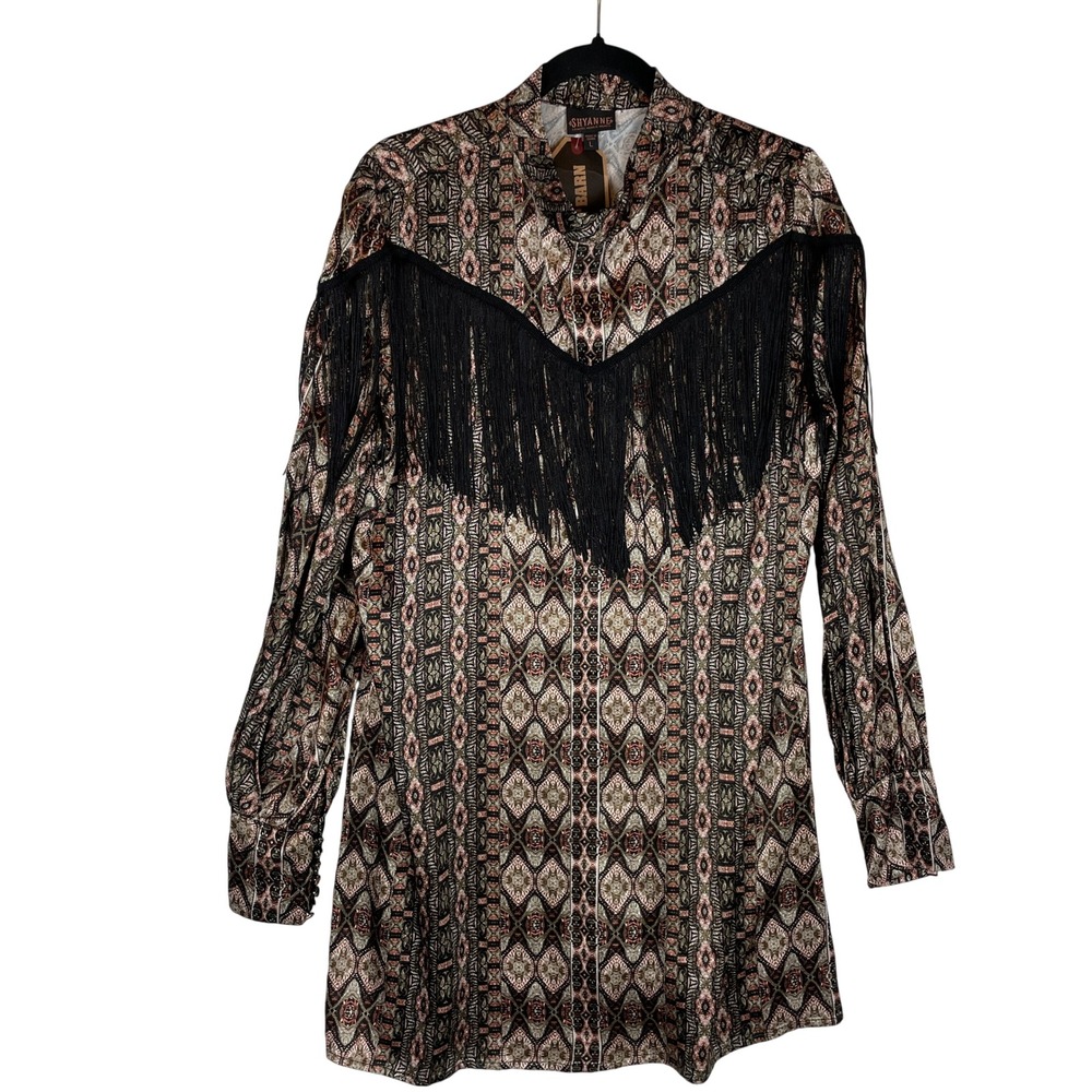 SHYANNE Western Fringe Patterned Long‎ Sleeve Shirt Dress Women's Size L